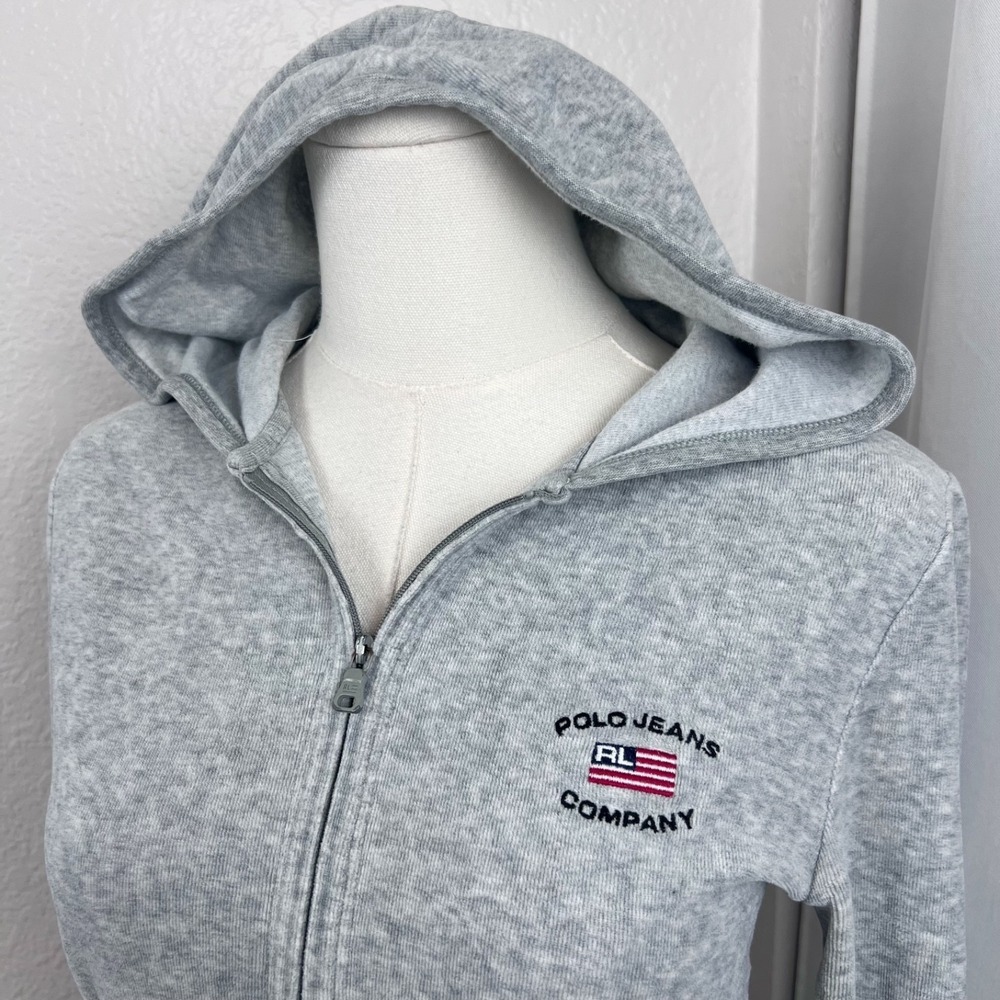 Y2K Ralph Lauren Sweater Womens Medium Grey Velour Zip Hoodie Preppy 90s‎ Sporty